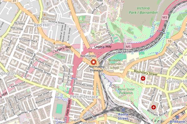 Map showing The Normanby Hotel in Brisbane