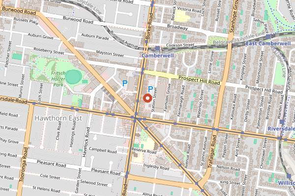 Map showing Camberwell Sunday Market in Melbourne