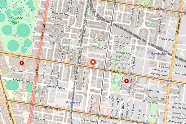 Map showing Prahran Market in Melbourne