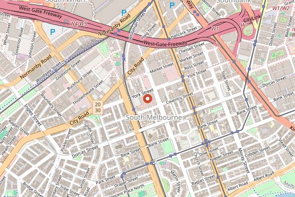 Map showing South Melbourne Market in Melbourne