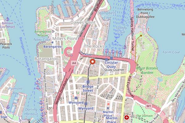 Map showing The Rocks Markets in Sydney