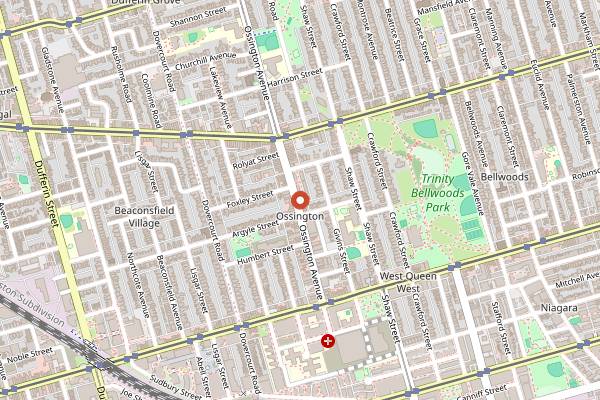 Map showing Sam James Coffee Bar Ossington in Toronto