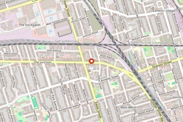 Map showing Junction Farmers Market in Toronto