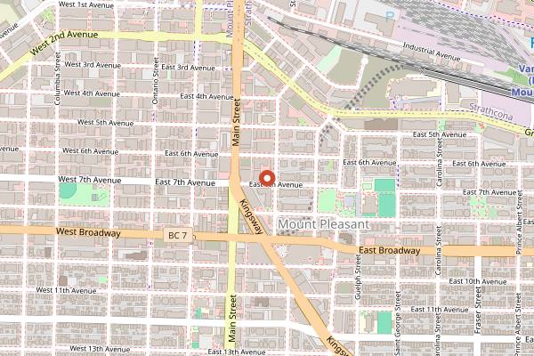 Map showing Main Street Brewing in Vancouver