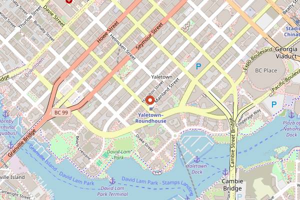 Map showing The Flying Pig Olympic Village in Vancouver