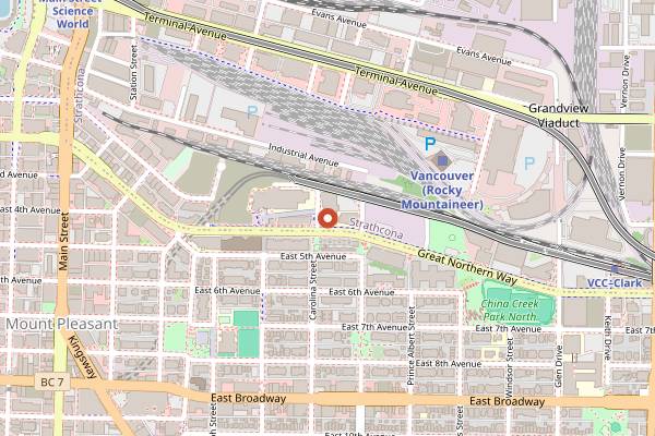 Map showing Kafka's Coffee Roasting and Bakery in Vancouver