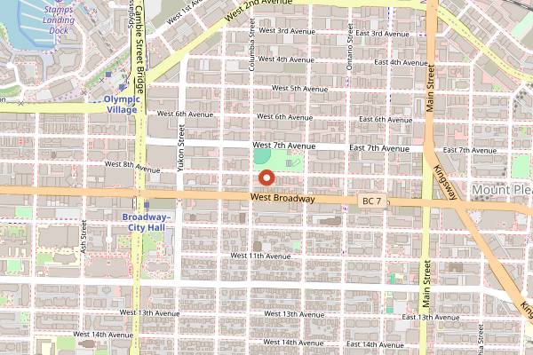 Map showing Milano Coffee Roasters in Vancouver