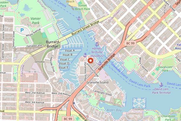 Map showing Granville Island Public Market in Vancouver