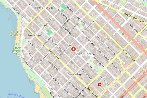 Map showing West End Farmers Market in Vancouver