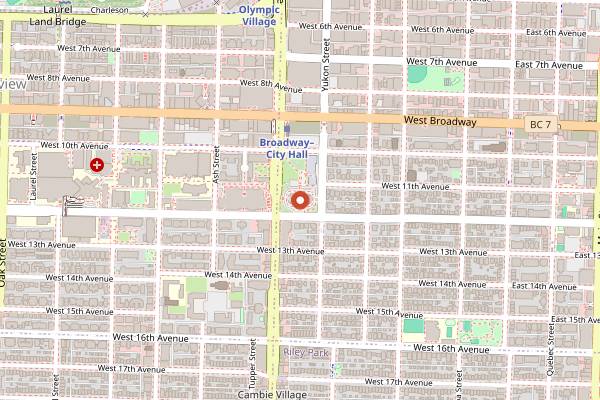 Map showing Tacofino food cart in Vancouver