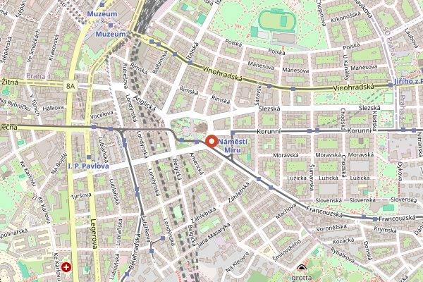 Map showing Antoninovo Pekarstvi Namesti Miru in Prague