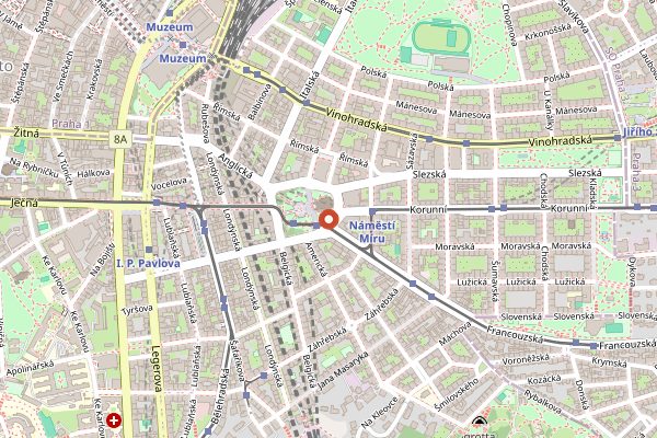 Map showing Namesti Miru Christmas Market in Prague