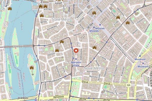 Map showing Narodni Bar and Books in Prague