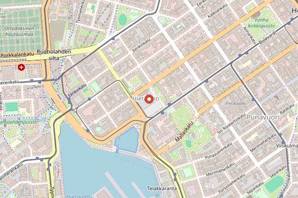 Map showing Hietalahti Market Hall (Hietalahden Kauppahalli) in Helsinki