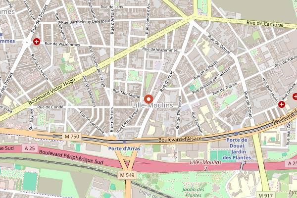 Map showing Marché de Moulins (Place Vanhoenacker) in Lille