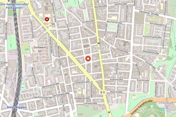 Map showing Wochenmarkt Nippes Snacks in Cologne