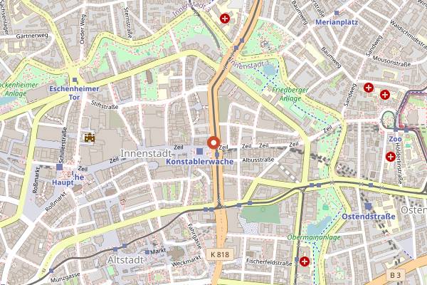 Map showing Erzeugermarkt Konstablerwache in Frankfurt