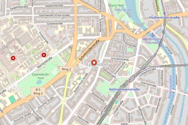 Map showing Bio-Wochenmarkt Eppendorf Marie-Jonas-Platz in Hamburg