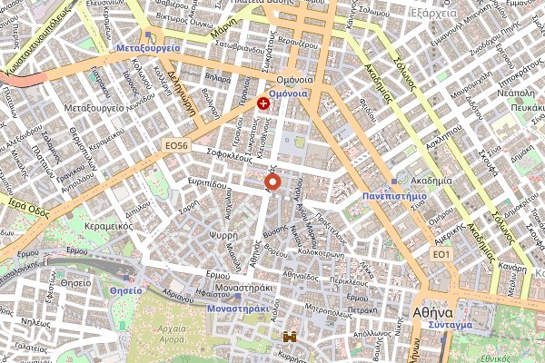 Map showing Varvakios Central Market in Athens