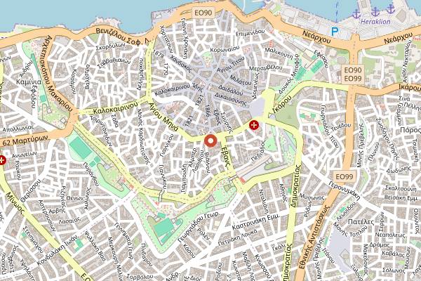 Map showing Kornarou Square in Heraklion