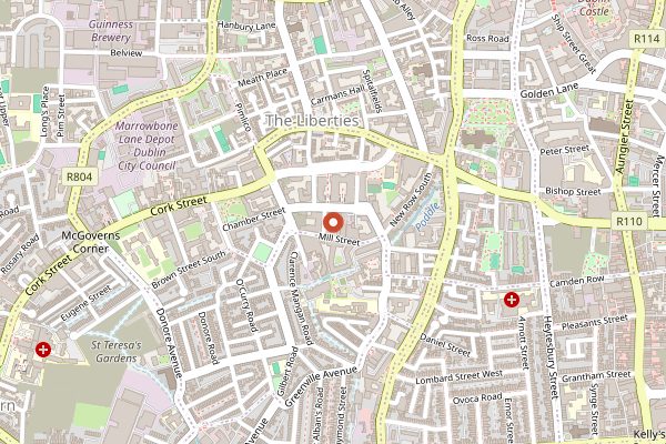 Map showing Teeling Whiskey Distillery in Dublin