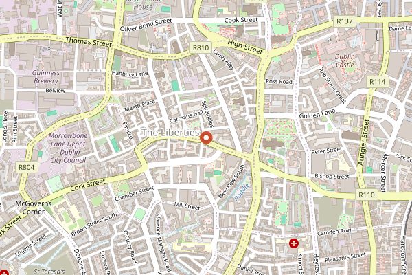 Map showing Spitalfields in Dublin