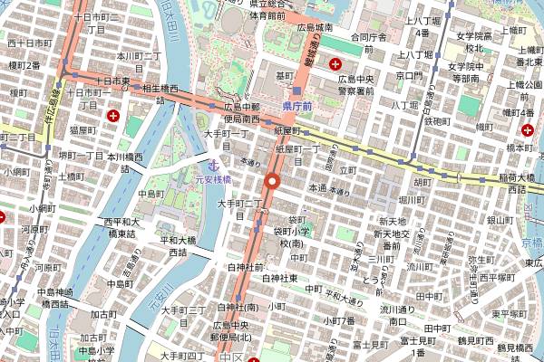 Map showing Hondori Shopping Street in Hiroshima