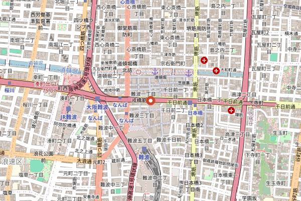 Map showing Hanamaruken Ramen Namba in Osaka