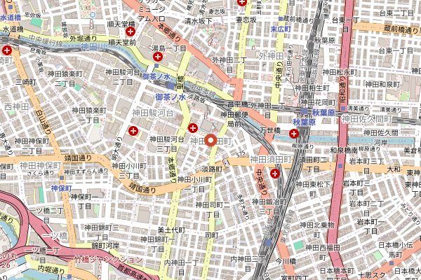 Map showing Kanda Yabu Soba in Tokyo