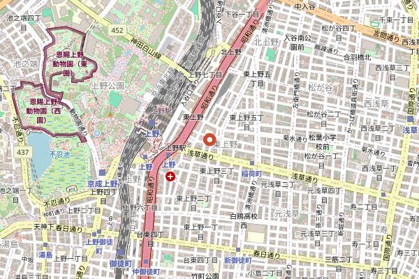 Map showing Ameyoko Okachimachi tachigui in Tokyo