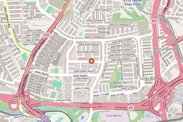 Map showing Sri Petaling Night Market in Kuala Lumpur