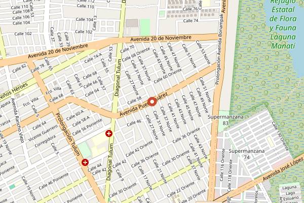 Map showing Puerto Juárez Brewery in Cancún