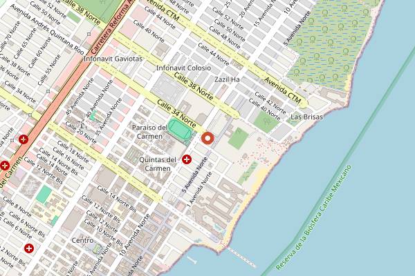 Map showing Playa del Carmen (Axiote) in Cancún
