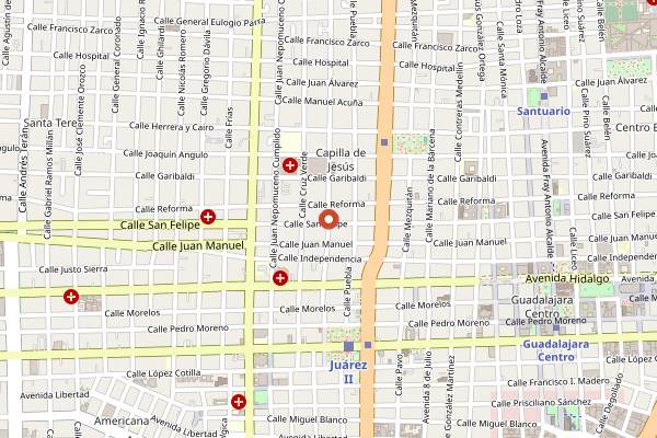 Map showing Fonda de la Noche in Guadalajara