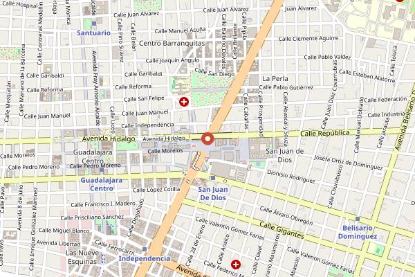 Map showing Mercado San Juan de Dios comedores in Guadalajara