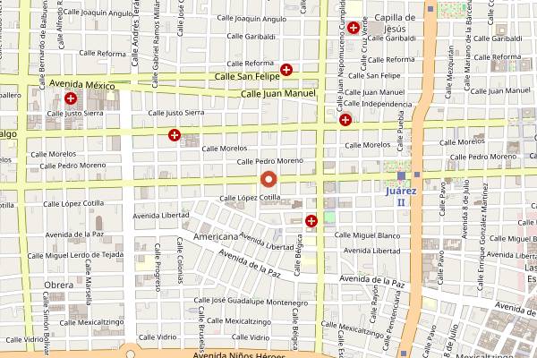 Map showing Los Pinches Tacos in Guadalajara