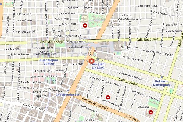 Map showing Plaza de los Mariachis in Guadalajara
