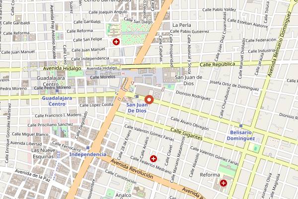 Map showing Tejuino Mercado San Juan in Guadalajara