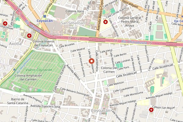 Map showing Panaderia Aldama in Mexico City