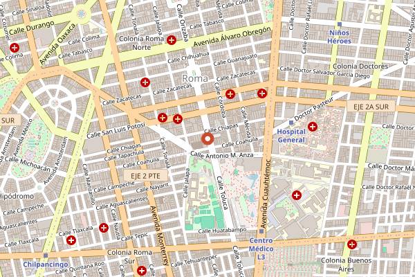 Map showing Pancracia Panaderia Artesanal Roma in Mexico City