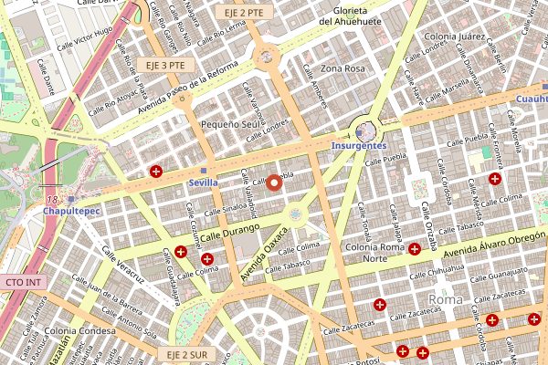 Map showing Panaderia Rosetta Puebla in Mexico City