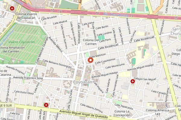 Map showing Mercado de Coyoacan in Mexico City