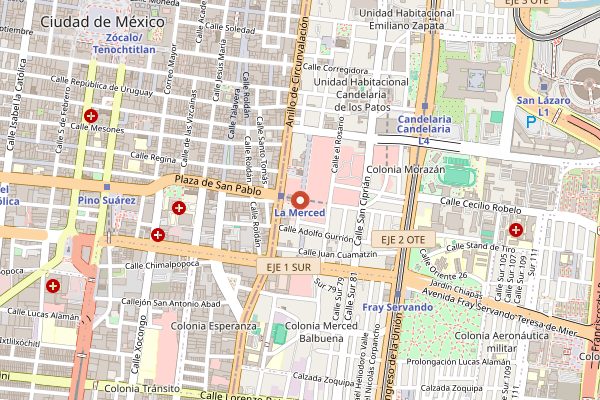 Map showing Mercado de la Merced in Mexico City