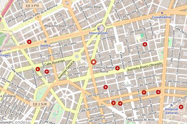 Map showing Pulqueria Los Insurgentes in Mexico City