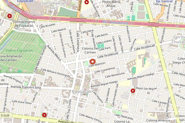 Map showing Tostadas Coyoacan in Mexico City