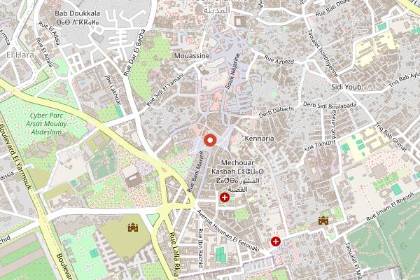 Map showing Jemaa el-Fna Midnight Stalls in Marrakech