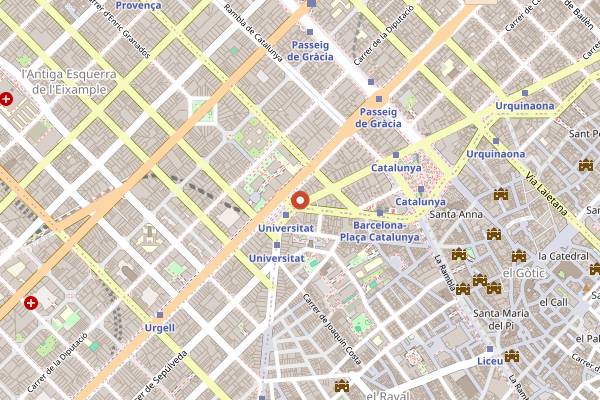 Map showing Juice Dudes Universitat in Barcelona