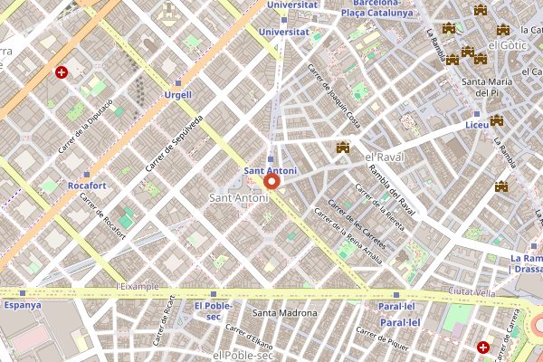 Map showing Tres Tombs Cafe in Barcelona