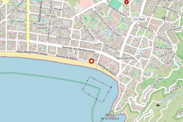 Map showing Chiringuito Beach in Benidorm