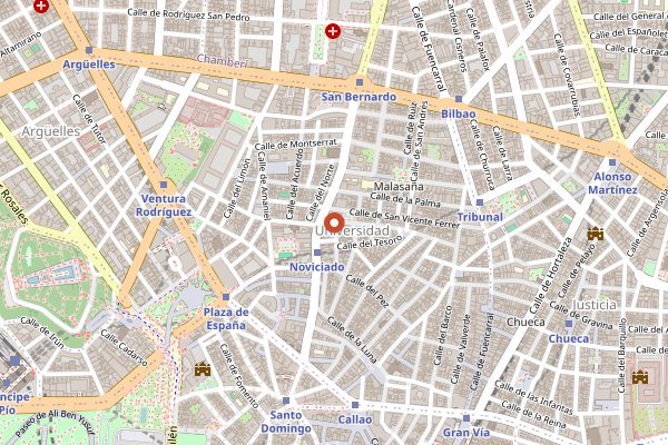 Map showing El Jardin de los Milagros in Madrid